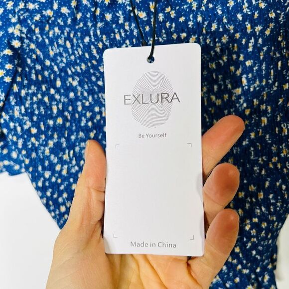 ExLura Blue Daisy Smocked Top and MIDI Skirt Set Flowers Off Shoulder Square NWT - Picture 12 of 16